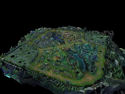 3D Cartoon Island Scene With Green Meadows Rivers Trees And Small Buildings 3d model