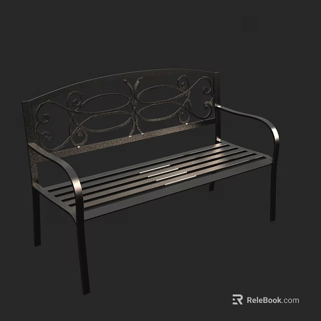 Ornate Metal Roadside Bench With Armrests And Slatted Seat Design 3d model 