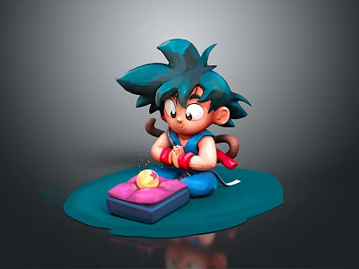 Cute Blue Haired Creature Character Sitting Holding Pink Box with Yellow Decoration in Cartoon Style 3d model
