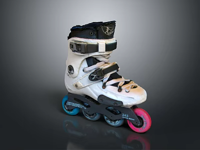 White and Black Roller Skates Featuring Blue and Pink Wheels and Adjustable Straps 3d model