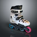 White and Black Roller Skates Featuring Blue and Pink Wheels and Adjustable Straps