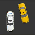 White Police Toy Car With Red Lights And Yellow Taxi Vehicle On Black Surface