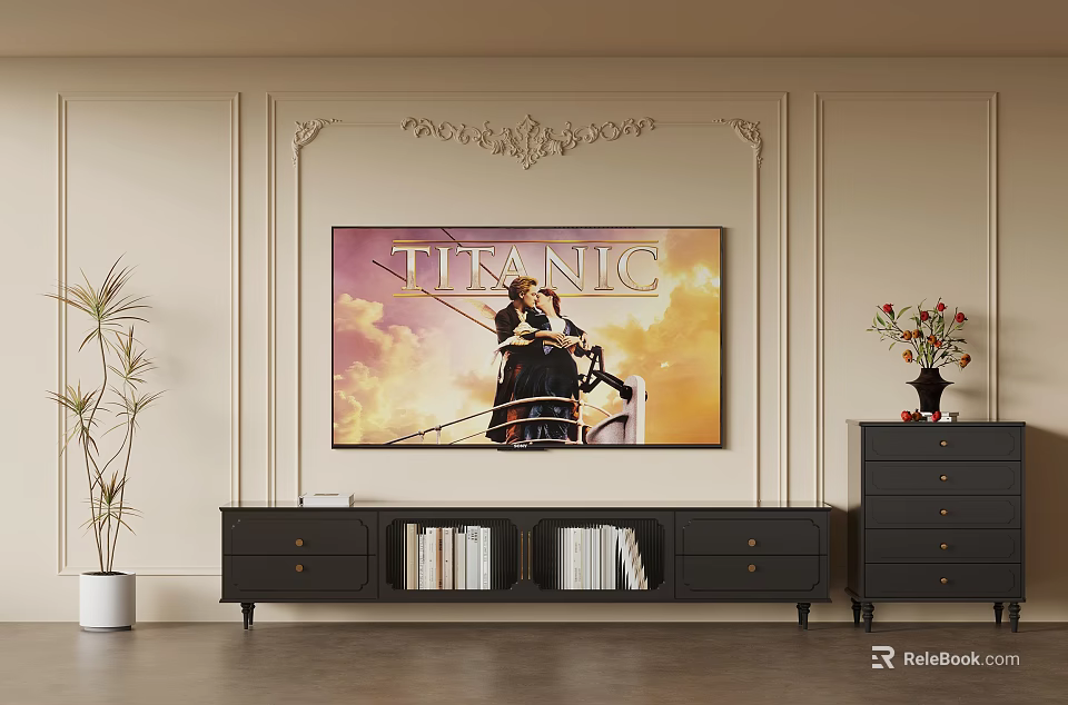 Elegant TV Background Wall Design with Titanic Poster Display Black Cabinet Books Plant and Vase 3d model 