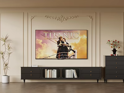 Elegant TV Background Wall Design with Titanic Poster Display Black Cabinet Books Plant and Vase 3d model