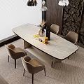 Modern Oval Dining Table Set With Light Brown Chairs And Marble Texture Top In Window 3d model