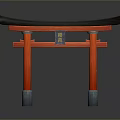 Traditional Japanese Torii Gate With Red Pillars Black Lintel And Central Plaque Against Gray Background