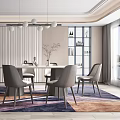 Modern Dining Room Featuring Rectangular Table Gray Chairs Hanging Pendant Lights Textured Wall And Rug 3d model
