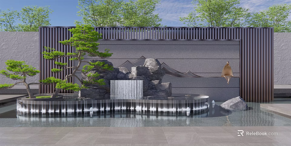 Scenic Gray Wall Design With Rockery Waterfall Bonsai Pine And Water Pool 3d model 
