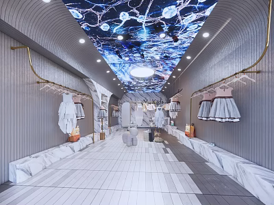 Elegant Clothing Store Interior Design With Blue Patterned Ceiling And Hanging Garments 3d model