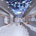 Elegant Clothing Store Interior Design With Blue Patterned Ceiling And Hanging Garments