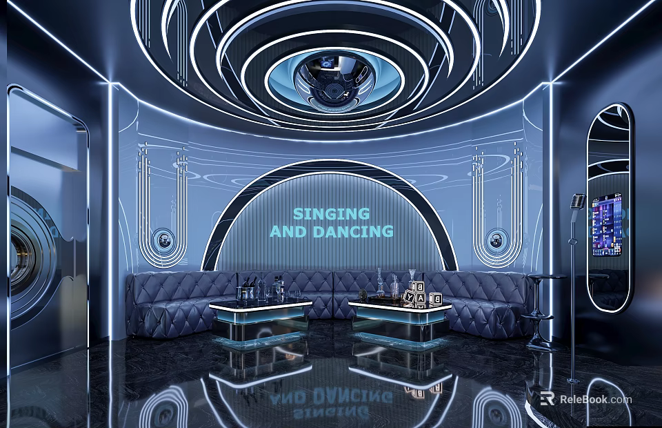 Cyberpunk Style KTV Room With Neon Lights And Tufted Sofas 3d model 