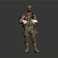 Man Standing in Camouflage Uniform With Tactical Gear Hat Mask and Weapon