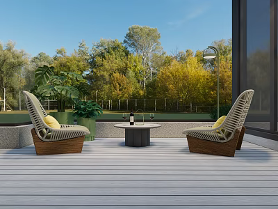 Wicker Leisure Chairs With Yellow Cushions On Sunny Outdoor Patio With Green Plants And Trees 3d model