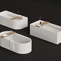 Modern White Bathtubs In Various Shapes With Wooden Trays Faucets And Toiletries