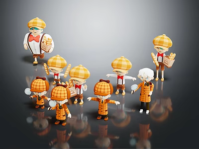Cute Cartoon Characters In Orange Outfits With Yellow Checkered Hats And Tools In Various Poses 3d model