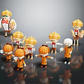 Cute Cartoon Characters In Orange Outfits With Yellow Checkered Hats And Tools In Various Poses