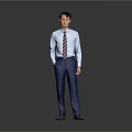 Man In Light Blue Shirt With Striped Tie And Pinstriped Trousers Standing Pose