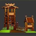 3D Model Wooden Tower And Cabin With Green Grass Brown Path And Fence