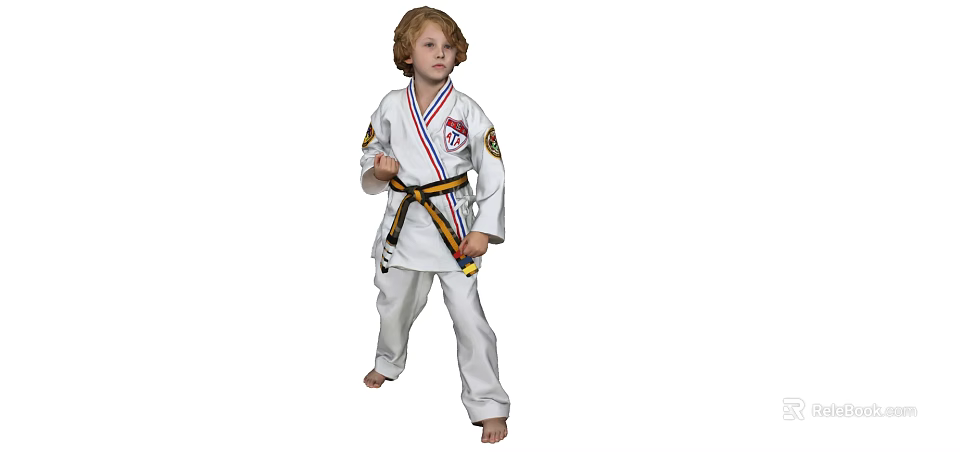 Man in White Taekwondo Uniform With Yellow Belt Standing in Martial Arts Pose 3d model 