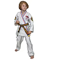 Man in White Taekwondo Uniform With Yellow Belt Standing in Martial Arts Pose