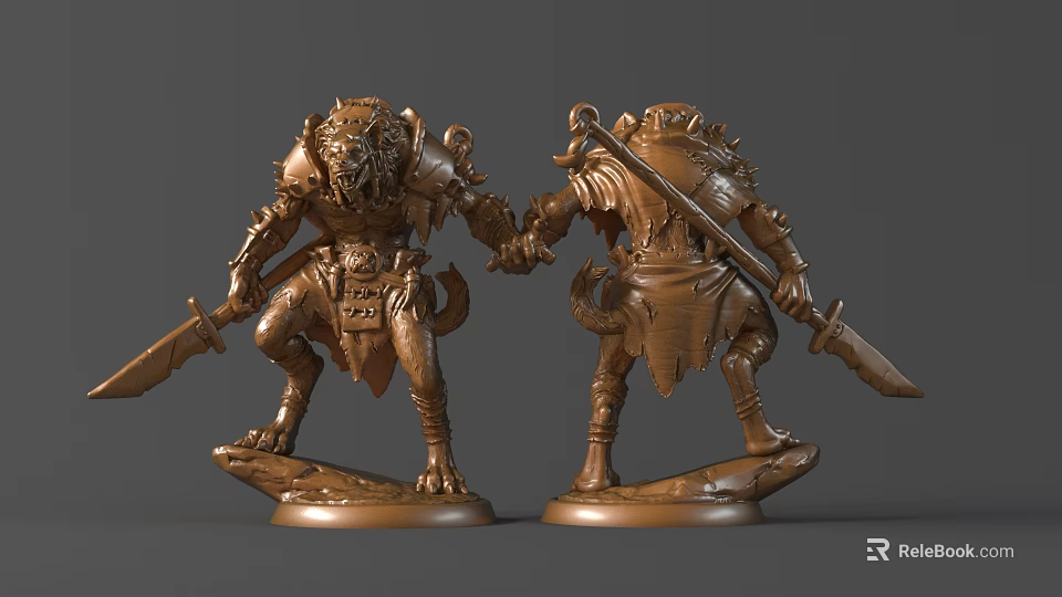 Fantasy Warrior Sculptures With Bronze Finish And Sword Details On Base 3d model 