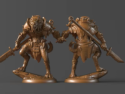Fantasy Warrior Sculptures With Bronze Finish And Sword Details On Base 3d model