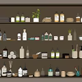 Dishwashing And Daily Use Products On Well Organized Shelf With Containers And Plants