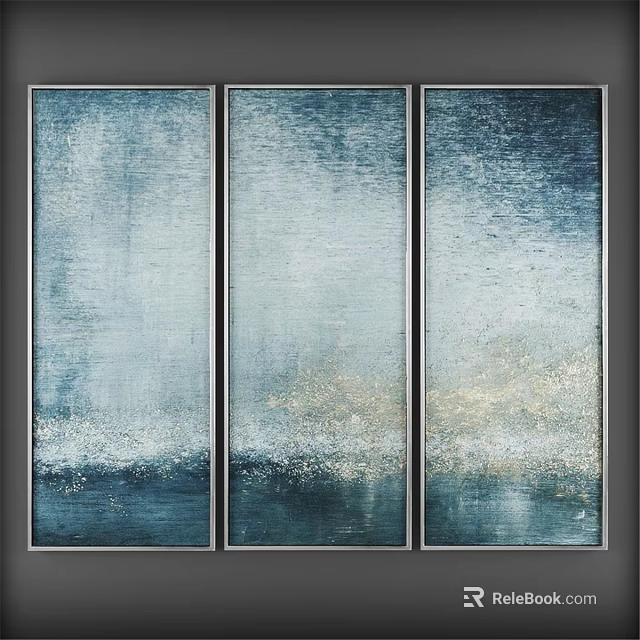 Three Vertical Metal Frames With Blue White Gradient Abstract Art And Gold Accents 3d model 