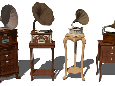 Vintage Gramophones With Various Wooden Stands And Classic Horn Speaker Designs 3d model