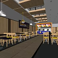 Modern Restaurant Interior With Wooden Walls Yellow Blue Chairs Dining Tables Counter And Menu Screens