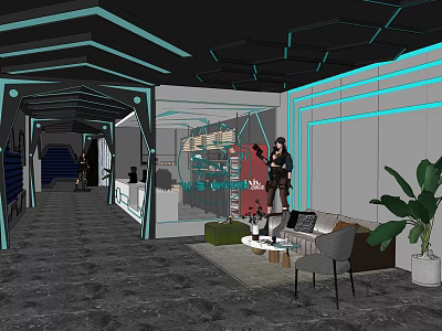 Modern Store Front Desk With Display Shelves Seating Area And Green Plants 3d model