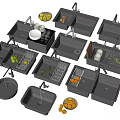 Multiple Black Kitchen Sinks with Faucets Fruits Vegetables Dishes and Drain Racks