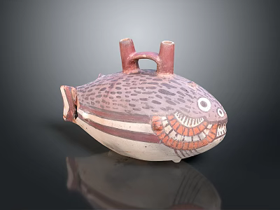 Traditional Fish Shaped Pottery Sculpture Featuring Spotted Pattern Stripes And Double Handle Top 3d model