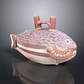 Traditional Fish Shaped Pottery Sculpture Featuring Spotted Pattern Stripes And Double Handle Top