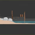 3D Model Scene Featuring Wooden Dock Blue Water Rocks and Sand 3d model
