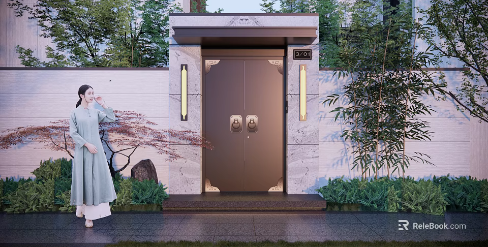 Chinese Style Storefront Entrance With Double Doors Stone Trim Wall Lamps And Green Plants 3d model 