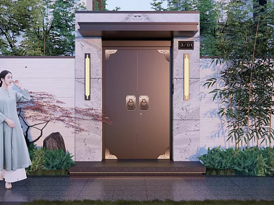 Chinese Style Storefront Entrance With Double Doors Stone Trim Wall Lamps And Green Plants 3d model