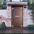 Chinese Style Storefront Entrance With Double Doors Stone Trim Wall Lamps And Green Plants
