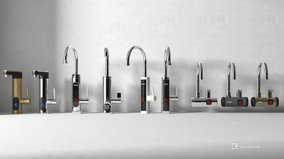 Various Modern Style Faucets Display With Different Designs And Metallic Finishes 3d model 