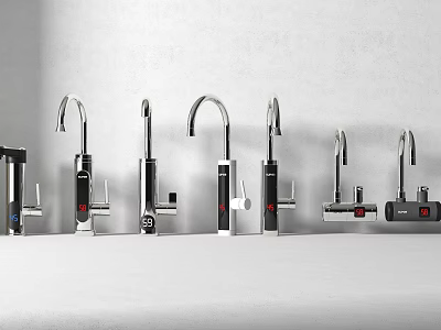 Various Modern Style Faucets Display With Different Designs And Metallic Finishes 3d model