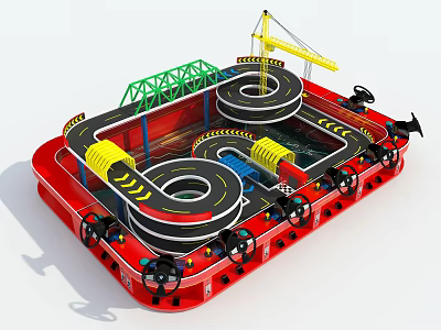 Amusement Play Equipment With Red Base Black Spiral Tracks Yellow Guardrails And Green Bridge Structure 3d model