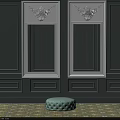 White Casement Windows On Gray Green Wall Panels With Carved Decorations And Light Green Stool