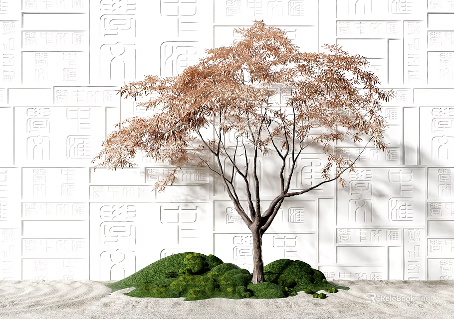Garden Ornament with Brown Leaf Tree Green Moss and Sandy Ground Against White Geometric Wall 3d model 