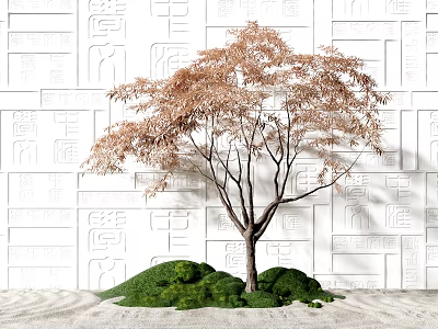 Garden Ornament with Brown Leaf Tree Green Moss and Sandy Ground Against White Geometric Wall 3d model