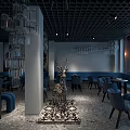 Modern Café With Dark Blue Seats Black Grid Ceiling Chandeliers Marble Floor And Blue Lighting