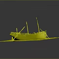 Vintage Ship Model as Water Transport Display on Blue Base with Masts and Deck Equipment