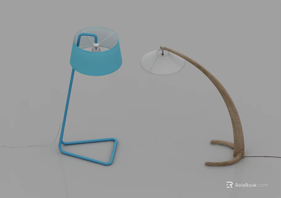 Modern Floor Lamps With Blue Shade And Wooden Curved Pole Transparent Lampshade 3d model 