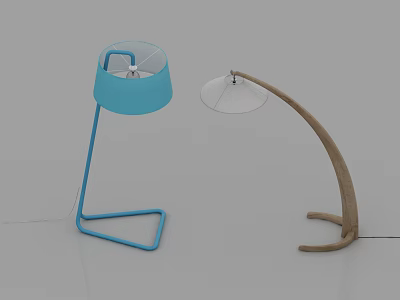 Modern Floor Lamps With Blue Shade And Wooden Curved Pole Transparent Lampshade 3d model