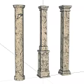 Three Cracked Textured Marble Columns With Classical Patterned Surface Decorative Elements