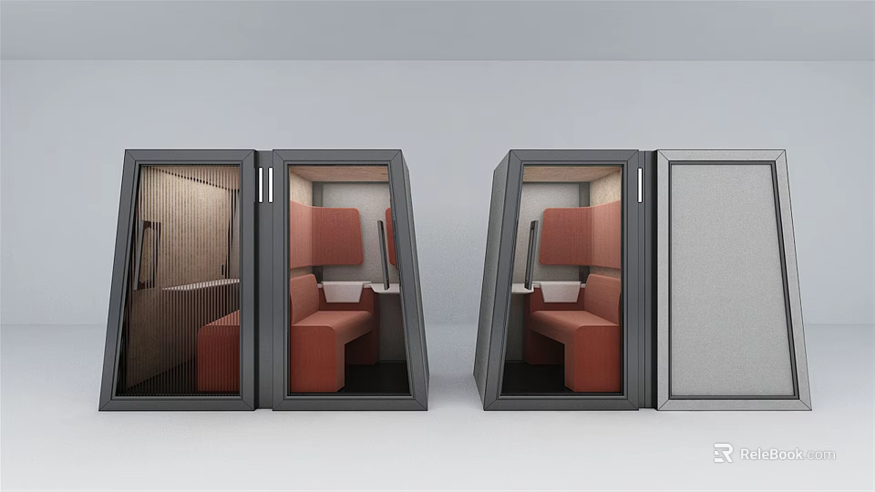 Public Facilities Enclosed Booths With Orange Seats And Glass Doors 3d model 